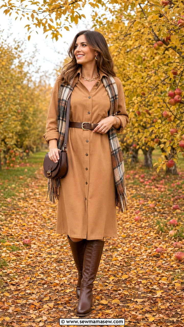 Camel midi shirtdress with knee high brown boots - 30 Age appropriate outfit ideas