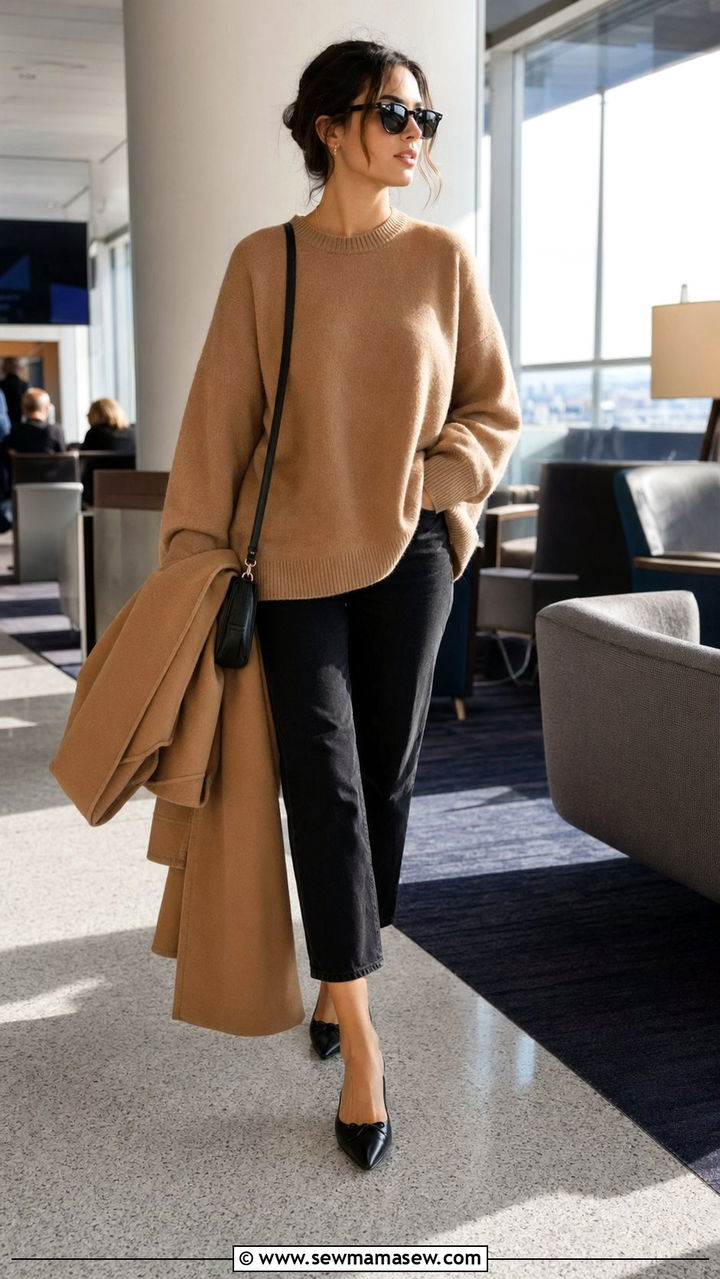 Camel sweater and black jeans travel look - 30 Airport outfit ideas Parisian