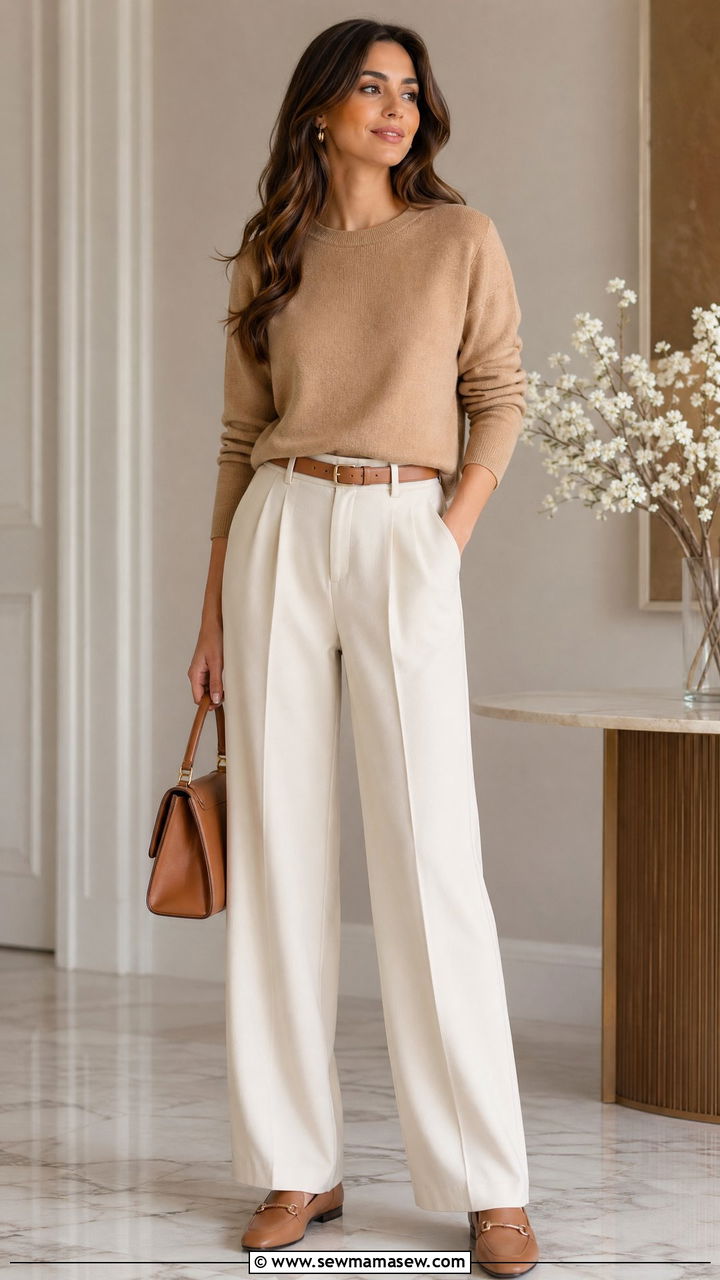Camel sweater and ivory tailored trousers - 35 spring simple outfit ideas