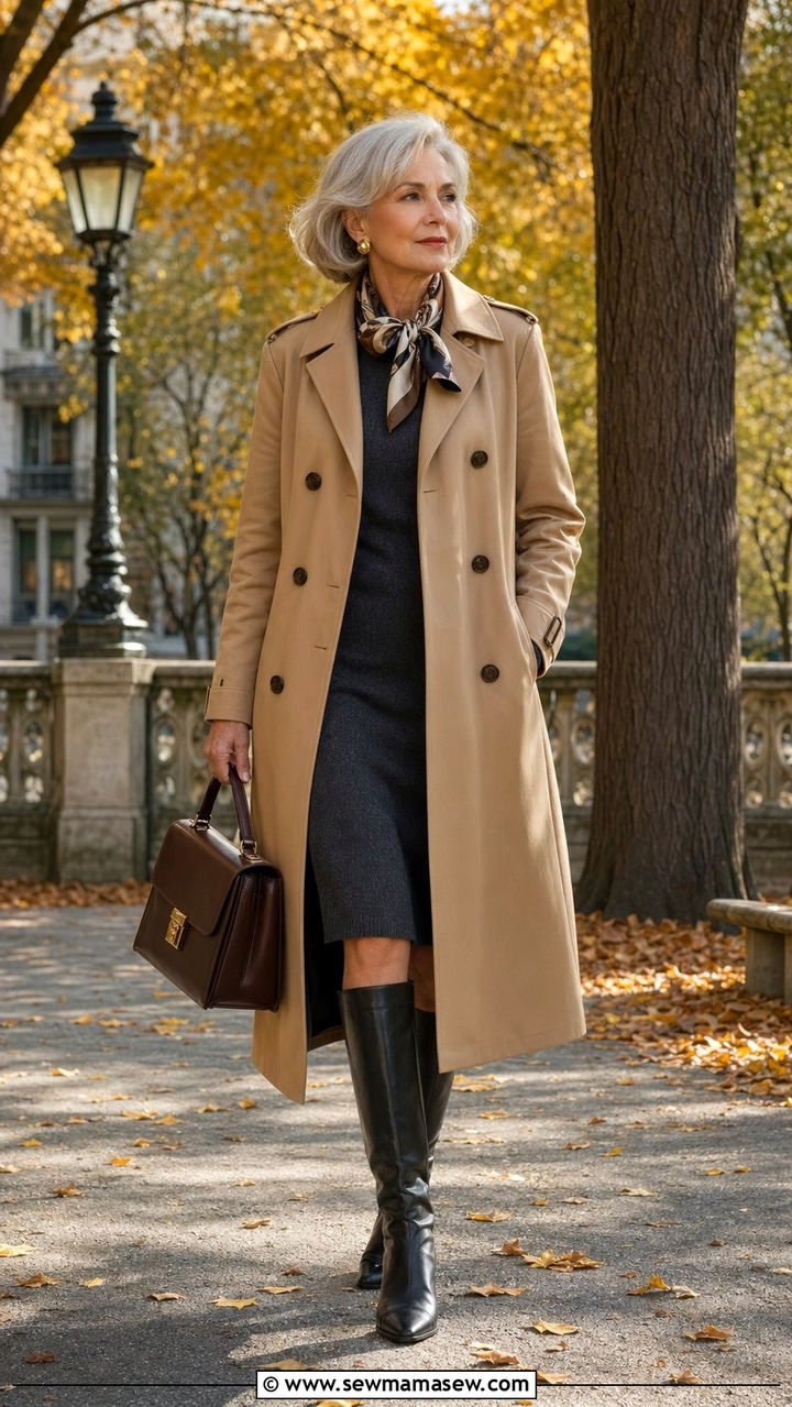 Camel trench coat over a knit dress with knee high boots - 35 Old money outfit ideas for women over 60