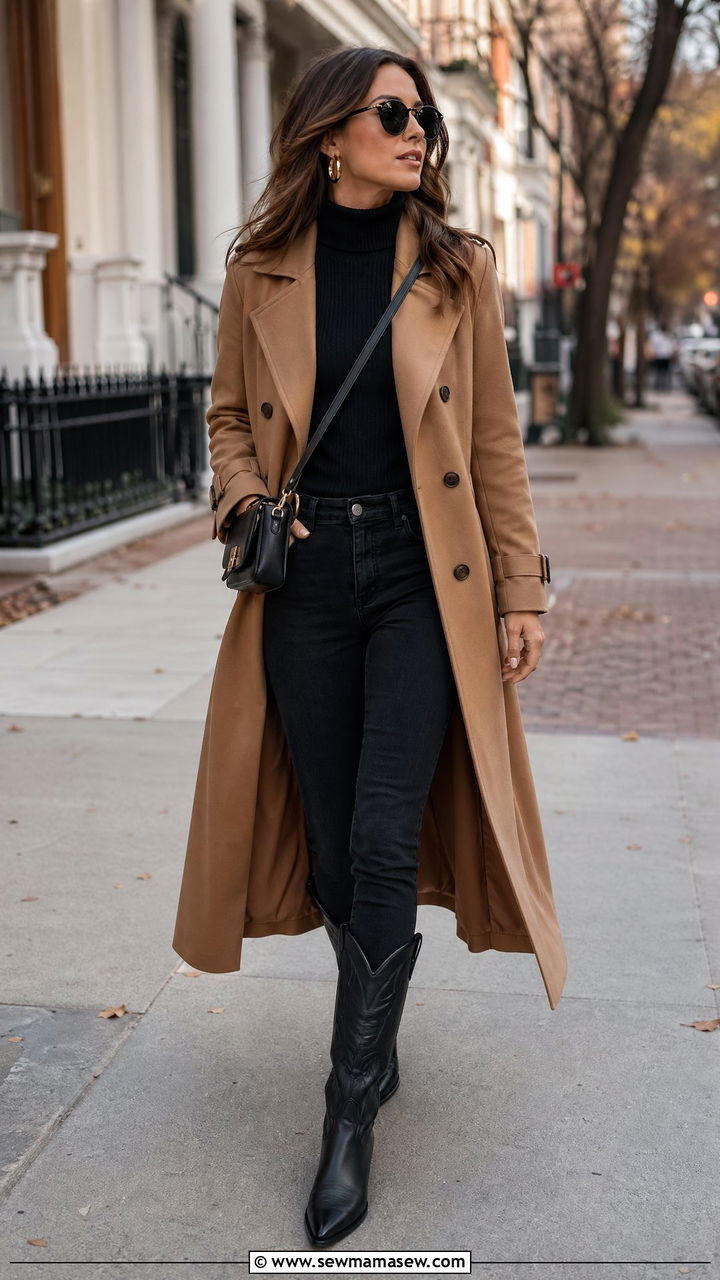Camel trench coat with black cowboy boots - 35 cowboy boots outfit ideas