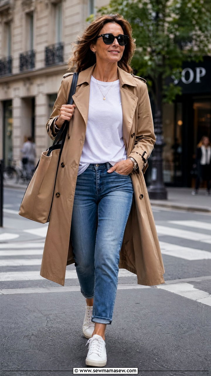 Camel trench coat with jeans and sneakers - 35 Casual outfits for women over 40