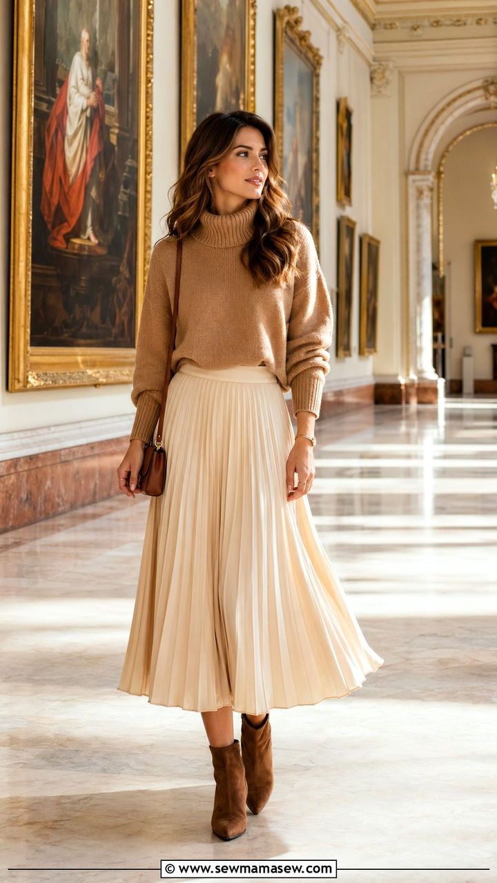 Camel turtleneck and pleated midi skirt - 35 Museum visit outfit ideas