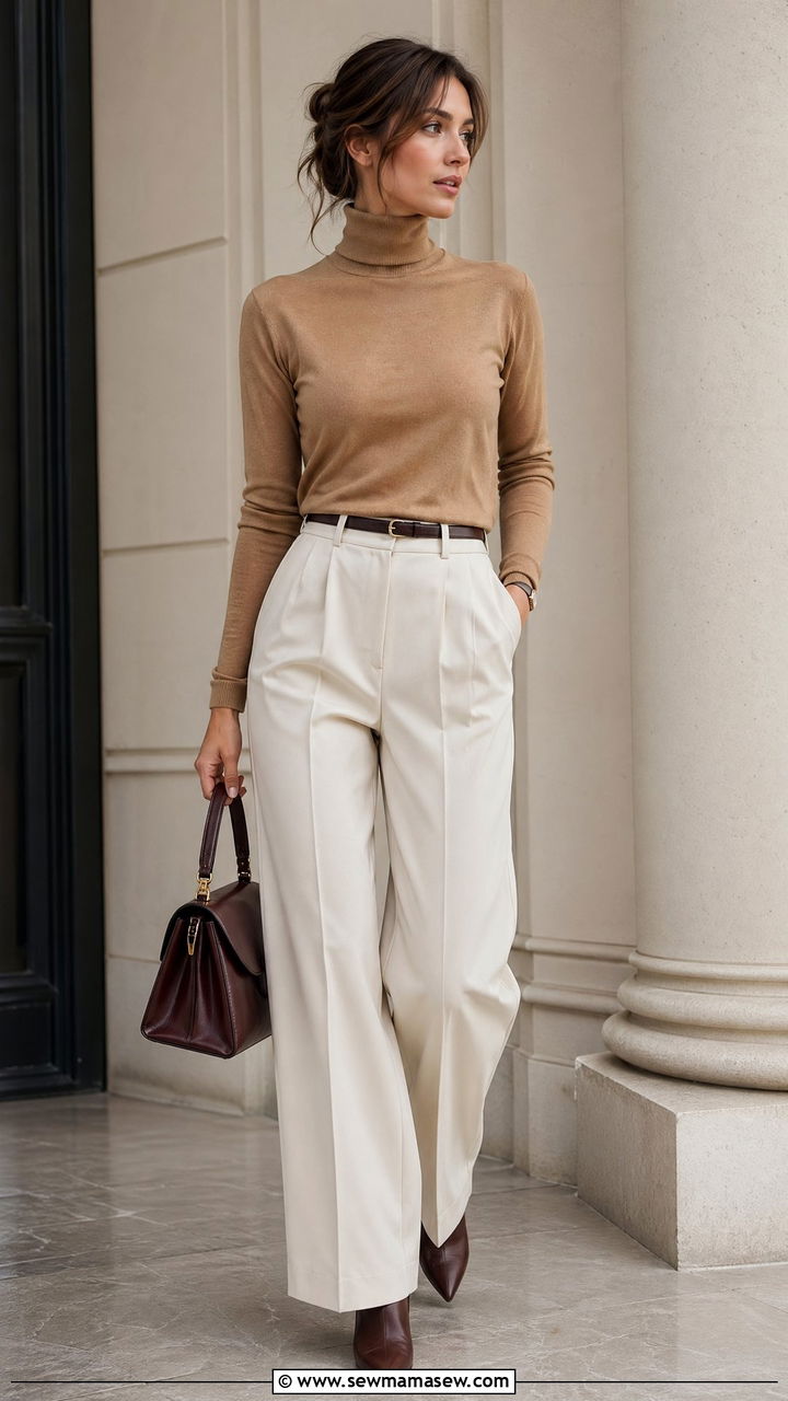 Camel turtleneck with wide leg cream trousers - 35 transitional french girl outfit ideas