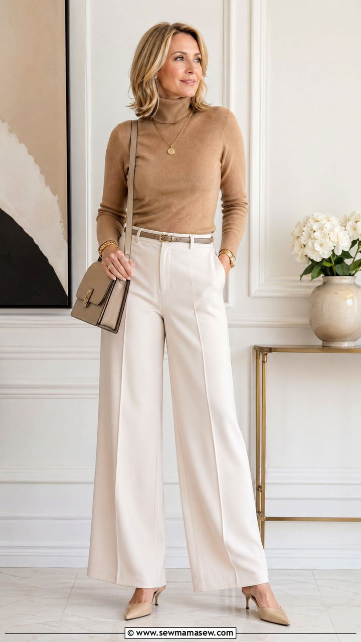 Camel turtleneck with wide leg trousers outfit - 35 Clean girl outfits for women over 40
