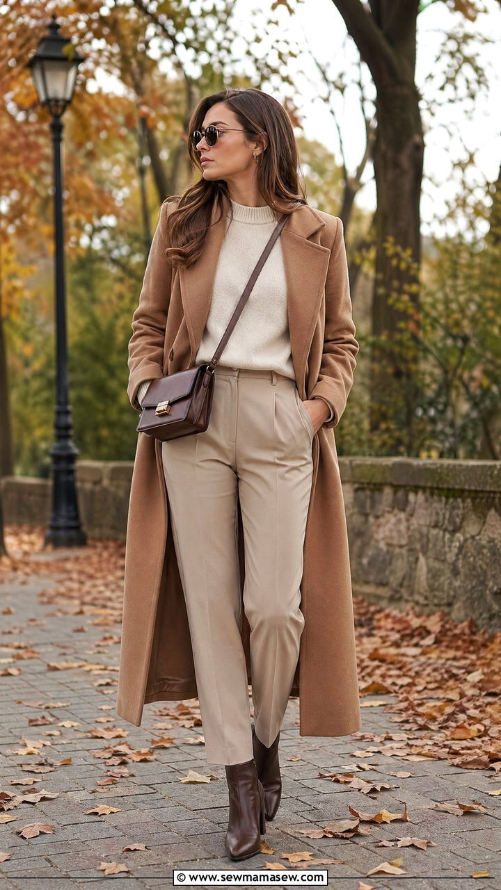 Camel wool coat over neutral knitwear - 35 Stealth wealth outfit ideas