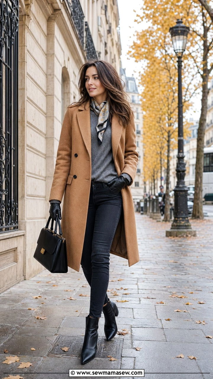 Camel wool coat with slim dark jeans and ankle boots - 35 Parisian cafe outfit ideas
