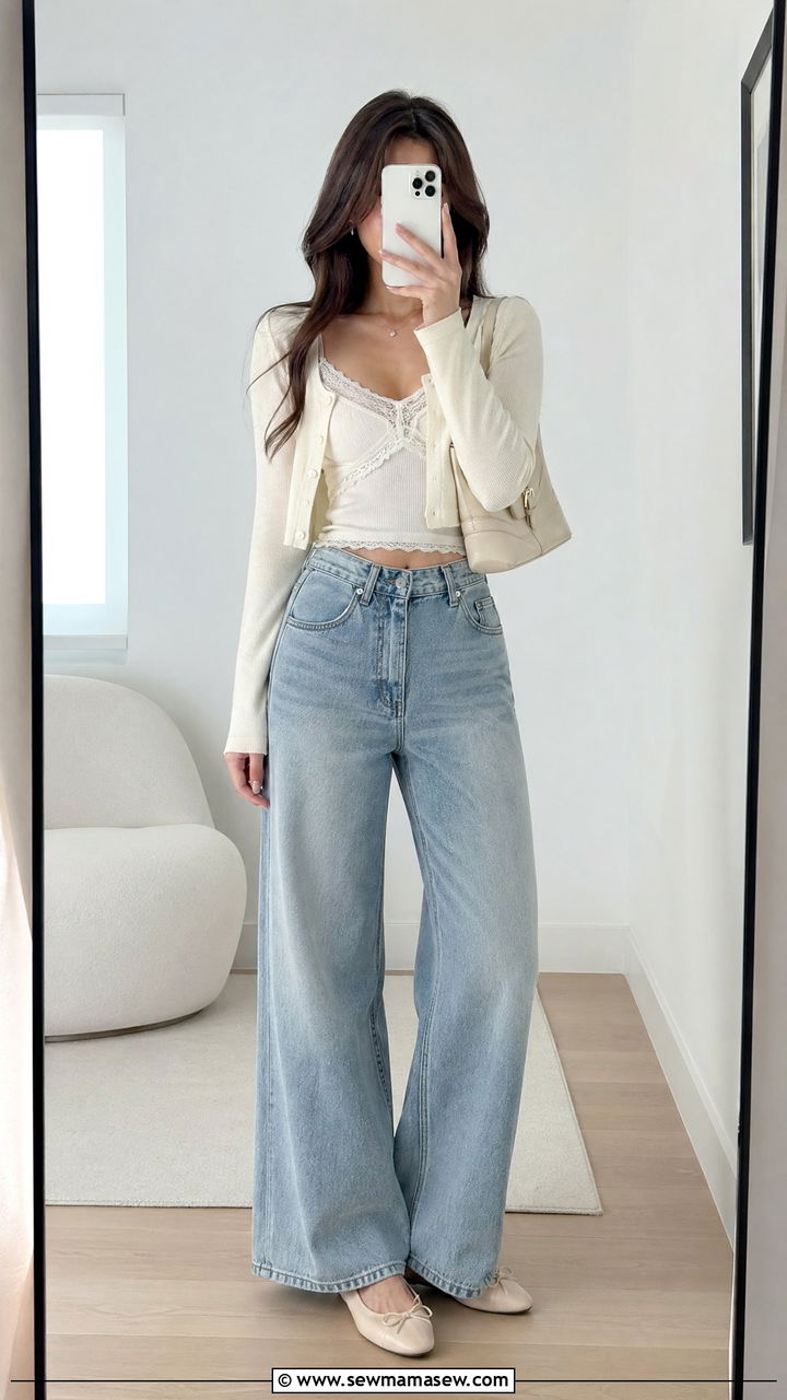Cami Top Cropped Cardigan Wide Leg Jeans - 35 casual outfits for women