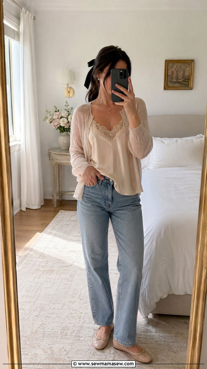 Camisole with Straight Leg Jeans and a Sheer Cardigan - 35 casual straight leg jeans outfits
