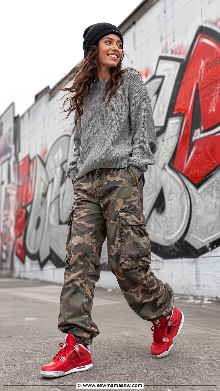 Camo cargo pants and red sneakers outfit - 35 Cool girl outfit ideas