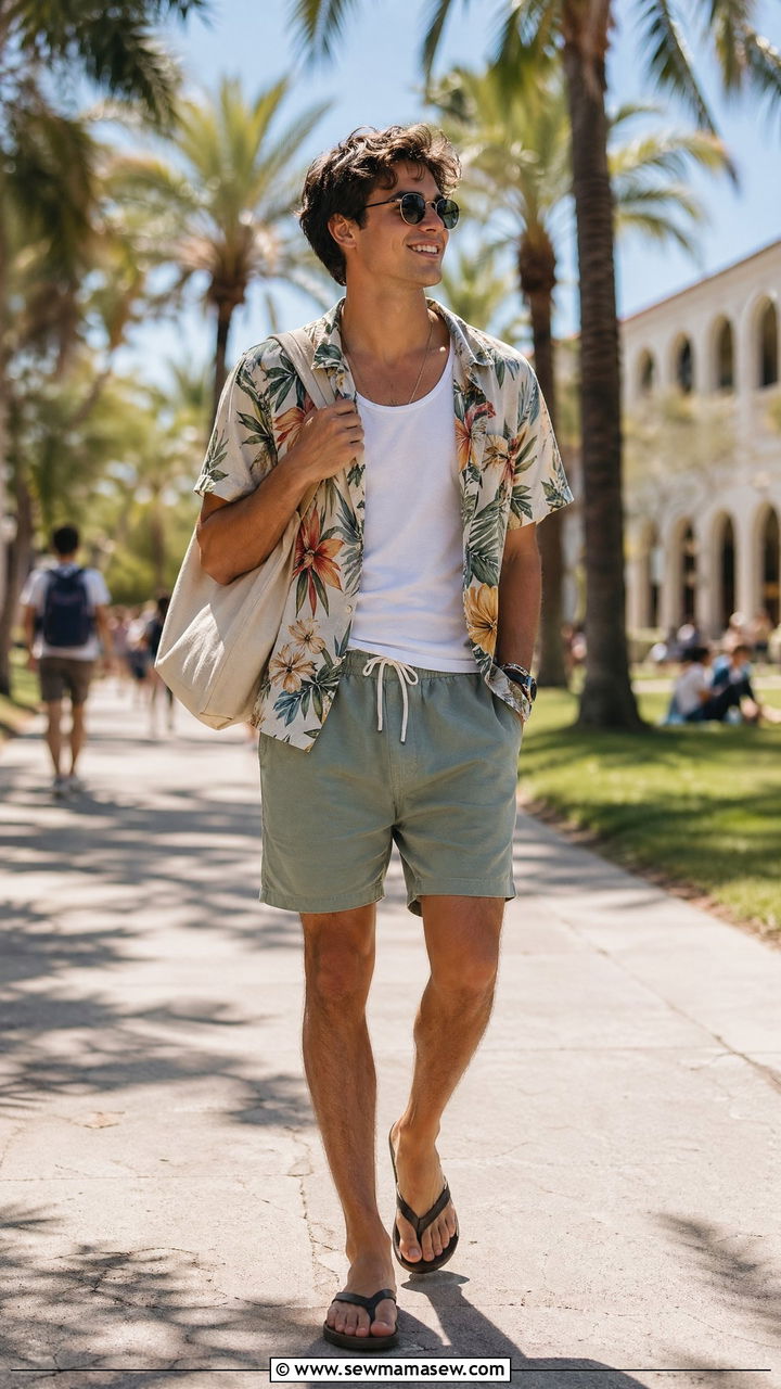 Camp Collar Shirt with Drawstring Shorts and Flip Flops - 35 Summer outfits for college students