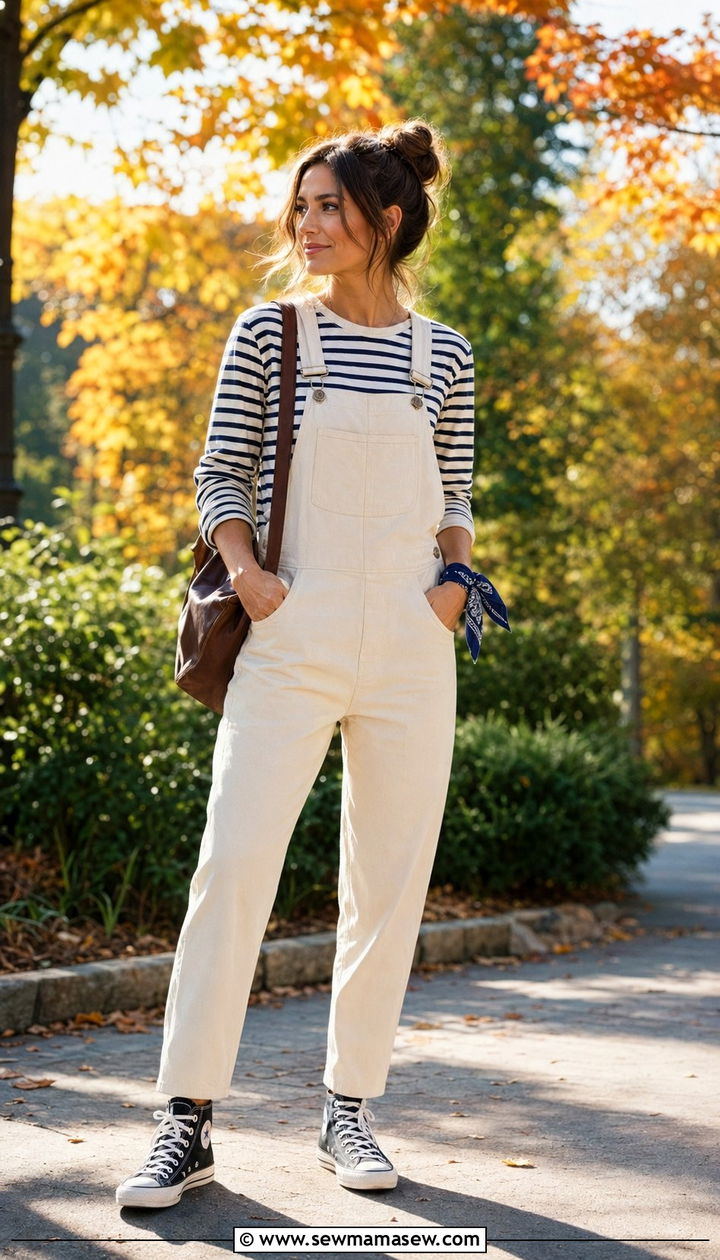 Canvas Overalls With a Striped LongSleeve Tee - 35 School drop off outfit ideas