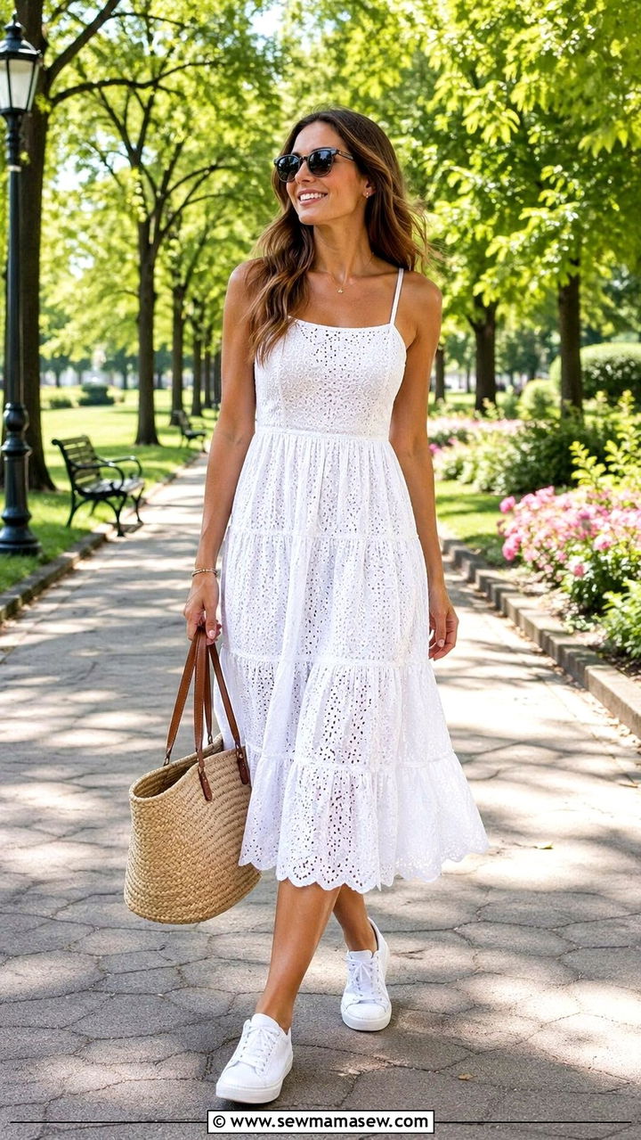 Canvas Sneakers With White Sundress - 30 sneaker outfit ideas for women