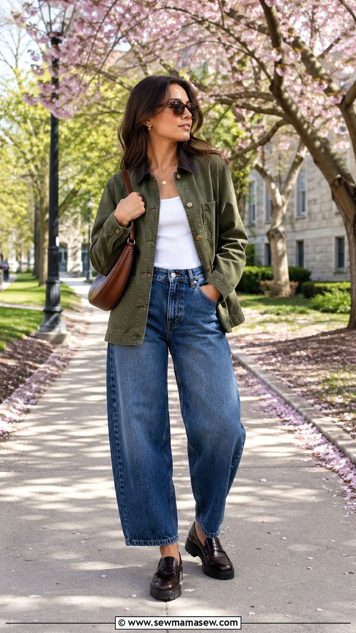 Canvas chore jacket over a tank and barrel jeans outfit - 30 Spring capsule wardrobe for college