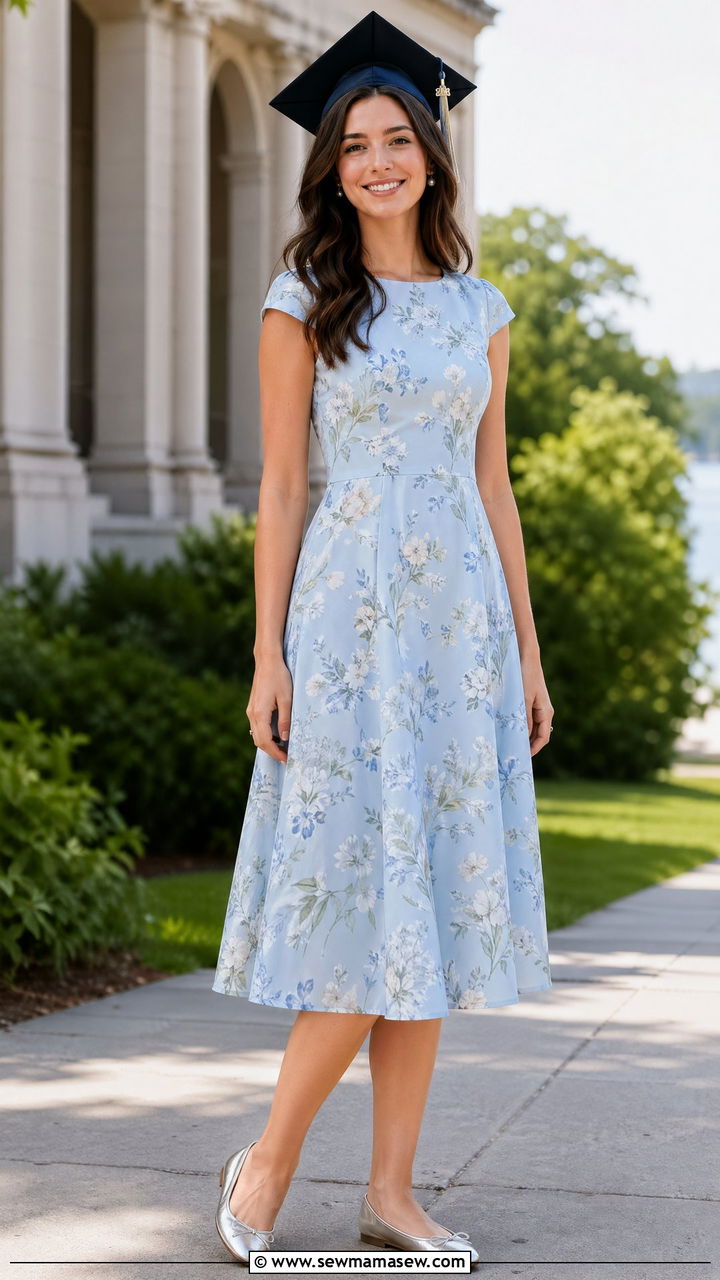 Cap Sleeve A Line Dress With Ballet Flats - 35 summer graduation outfit ideas