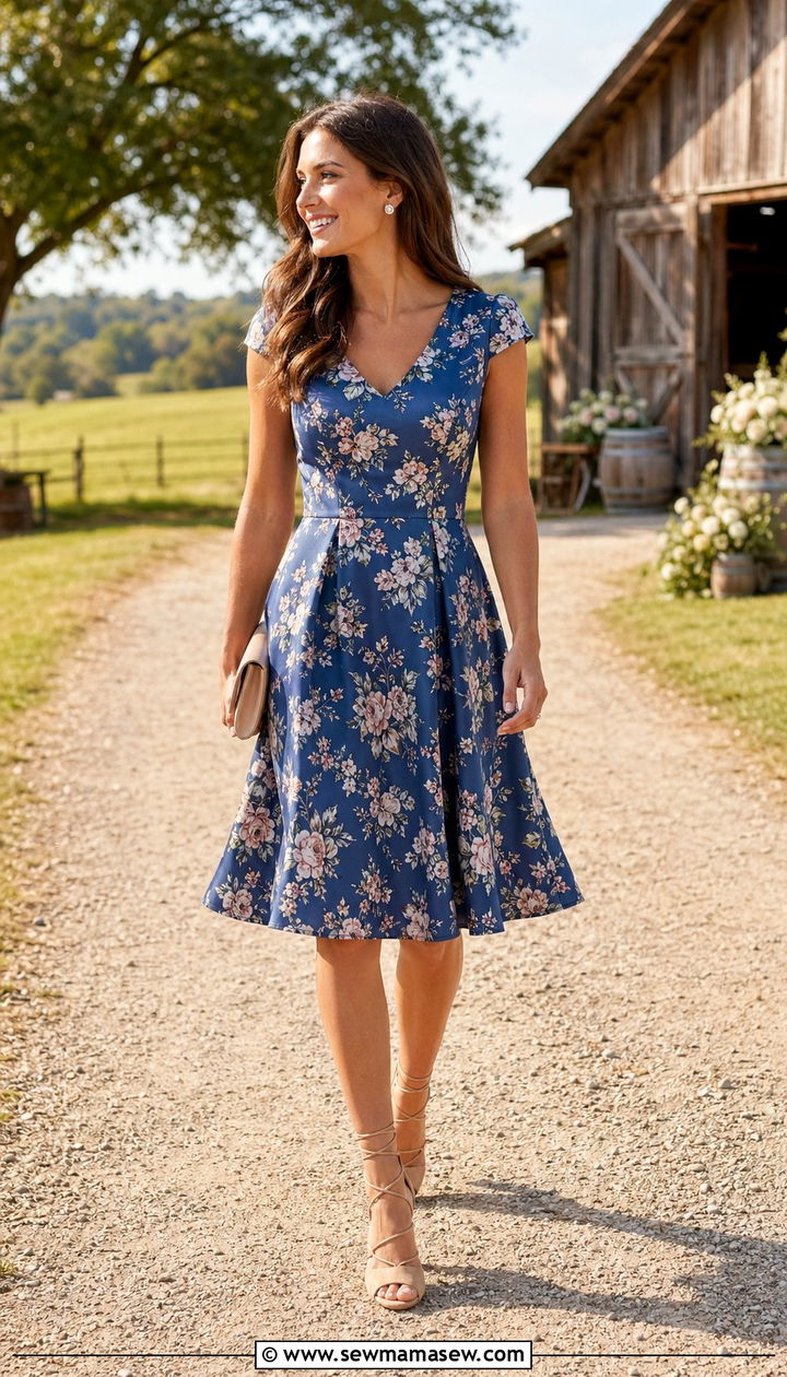 Cap Sleeve Floral A Line Dress with Lace Up Block Heels - 35 Outdoor wedding guest outfit ideas