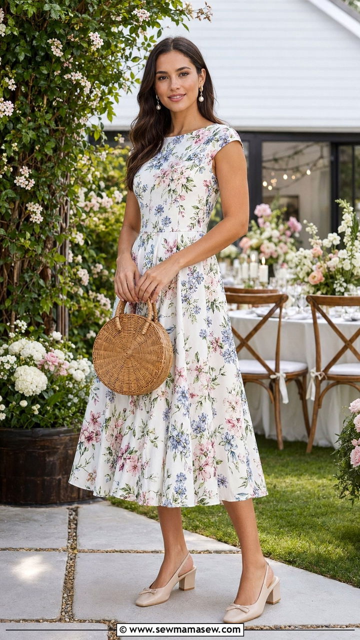 Cap Sleeve Floral Dress with Slingback Block Heels - 30 Backyard wedding guest outfits