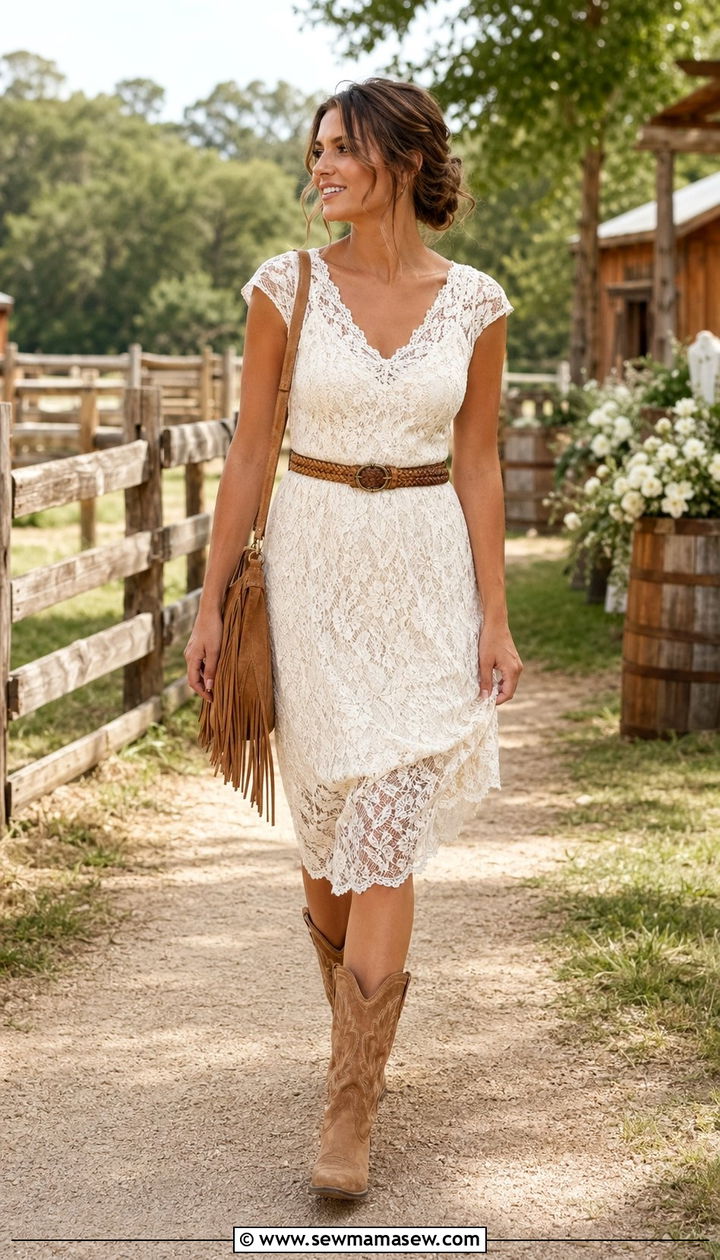 Cap Sleeve Lace Dress With Cowboy Boots For Rustic Wedding - 35 Rustic wedding guest outfits