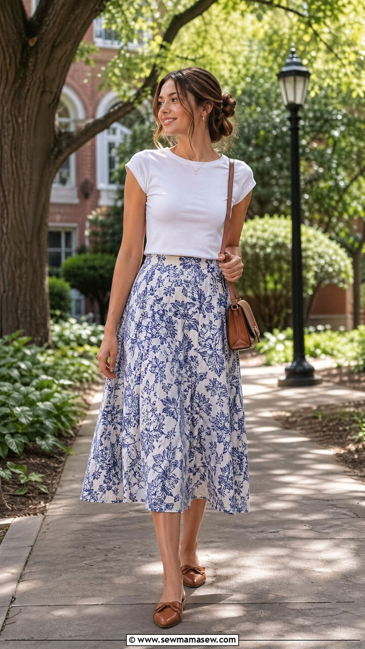 Cap Sleeve Tee and Midi Skirt - 35 Summer outfits for college