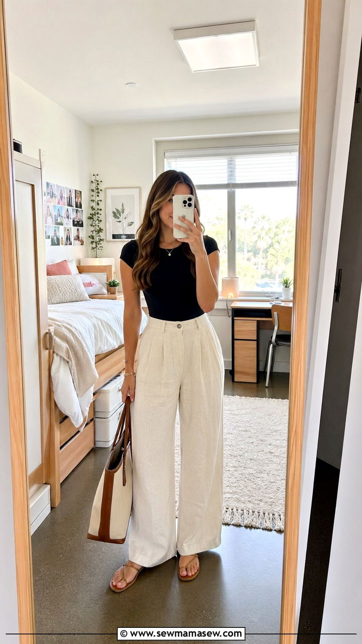 Cap sleeve bodysuit and wide leg linen pants outfit - 30 Spring capsule wardrobe for college