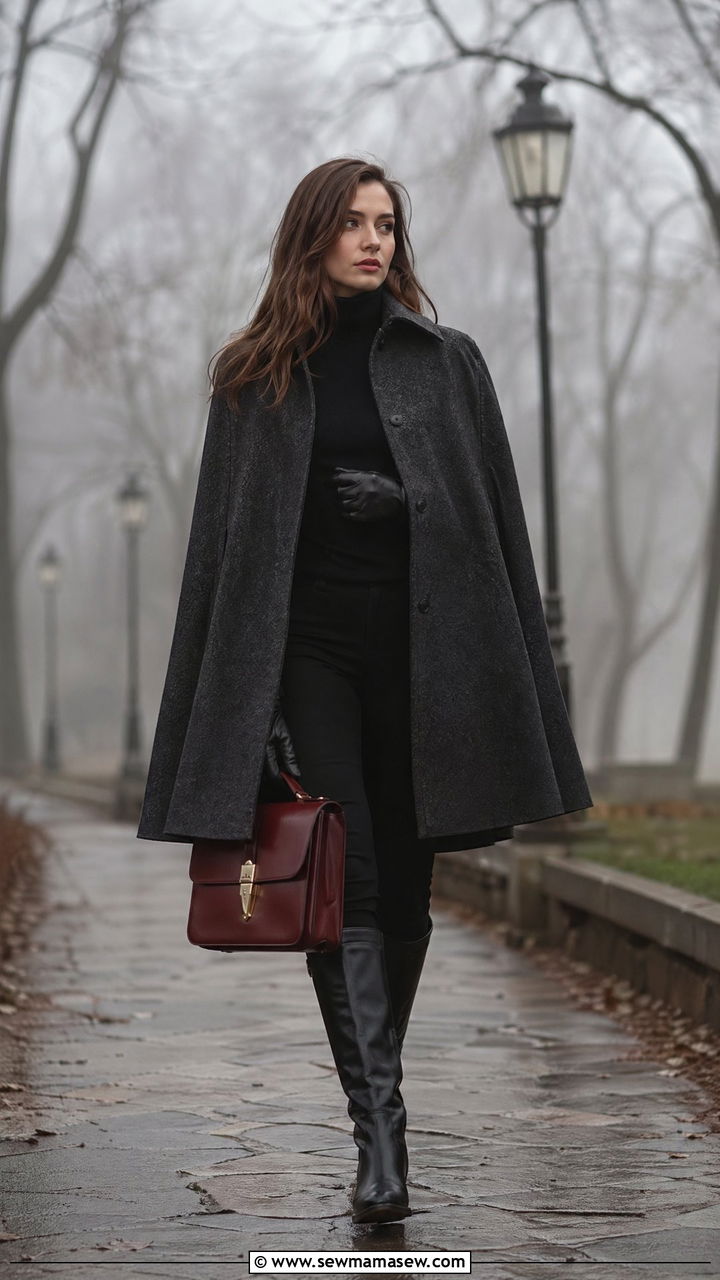 Cape Coat Outfit With Leather Gloves And Knee High Boots - 35 Dark academia outfit ideas