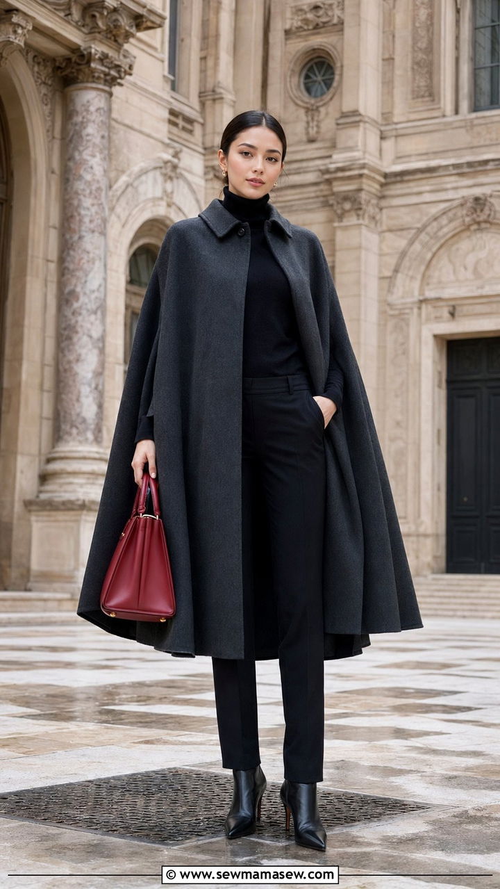 Cape Coat and Monochrome Base Layer Outfit - 35 Paris outfits 2026