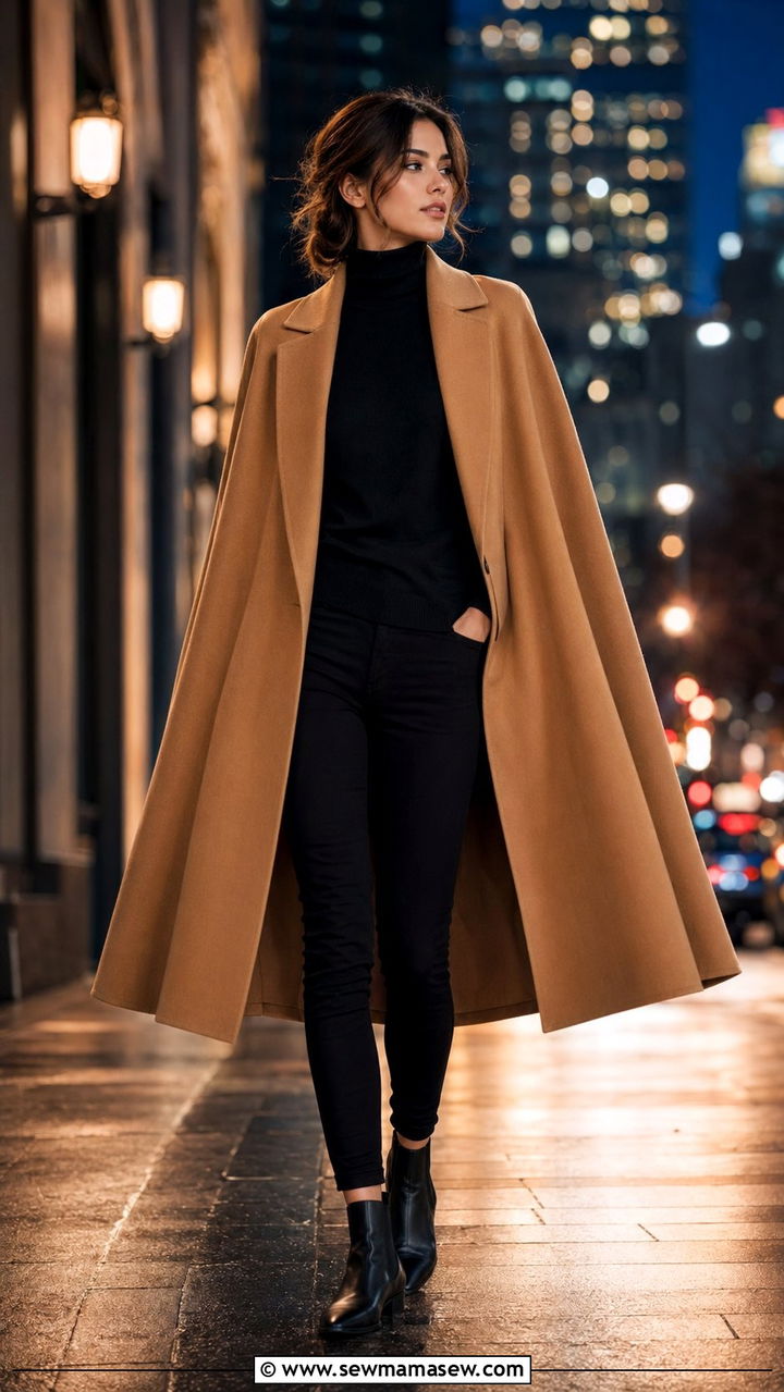 Cape Coat with Slim Trousers and Chelsea Boots - 30 windy day outfits for women