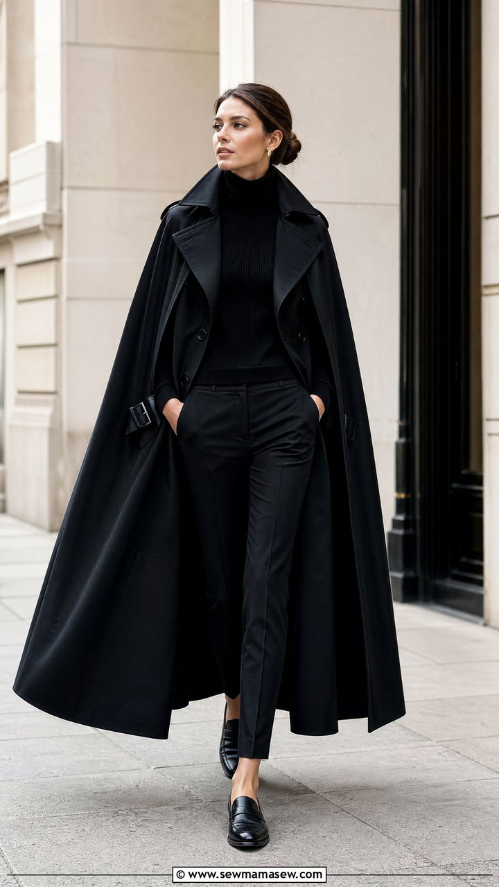 Cape Trench Coat with Slim Trousers and Loafers - 35 spring elegant outfit ideas