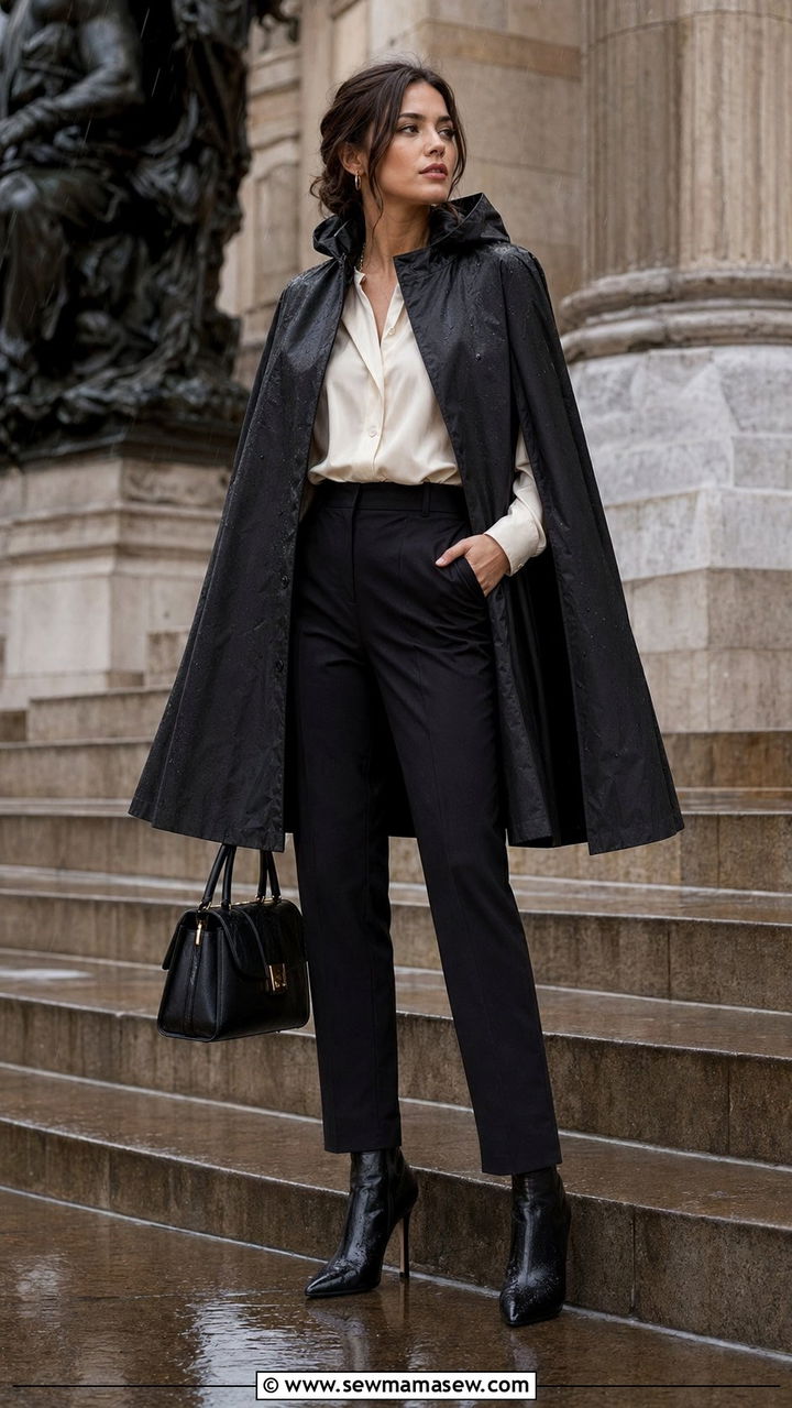 Cape coat with black tailored trousers and heeled boots - 35 rainy day outfits for women