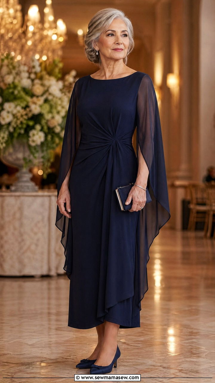 Cape sleeve dress for wedding guest over 60 - 35 Wedding guest outfits for women over 60