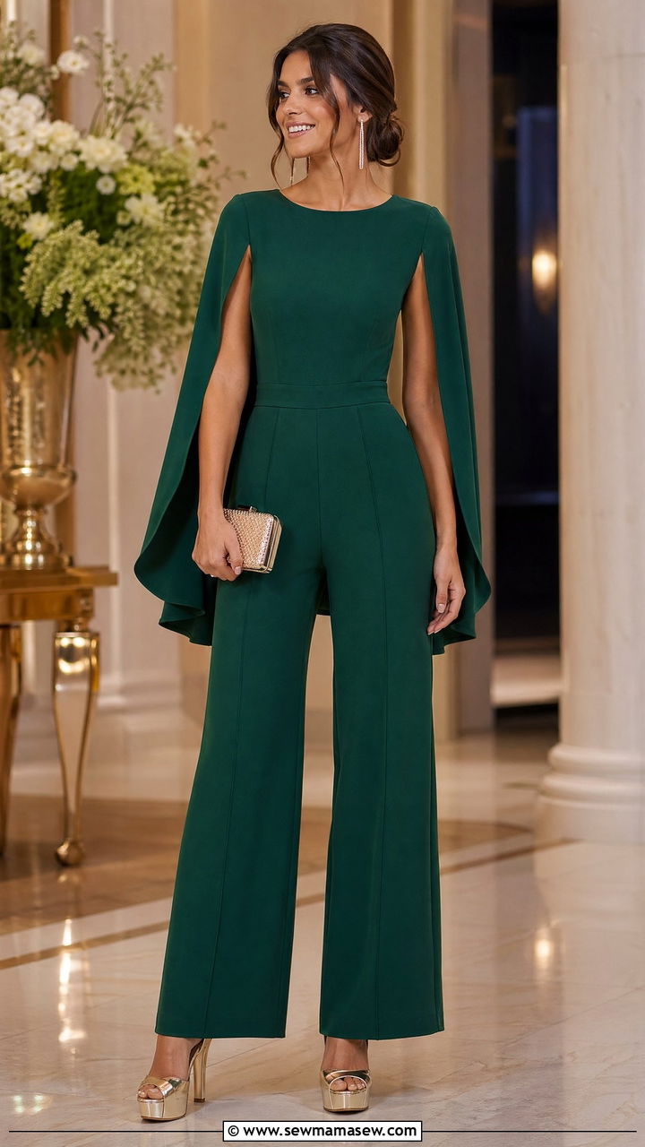 Cape sleeve jumpsuit with platform heels - 35 summer wedding guest outfit ideas