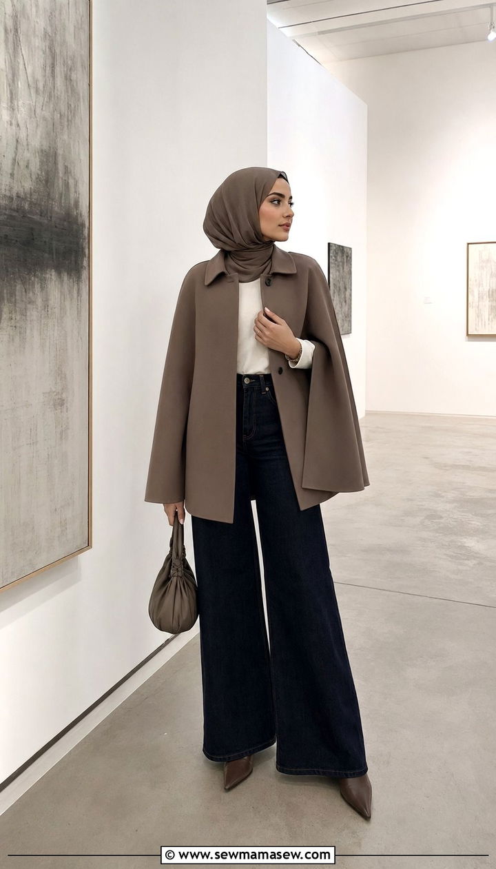Cape style coat with wide leg denim - 35 Modest outfit ideas for Muslim women