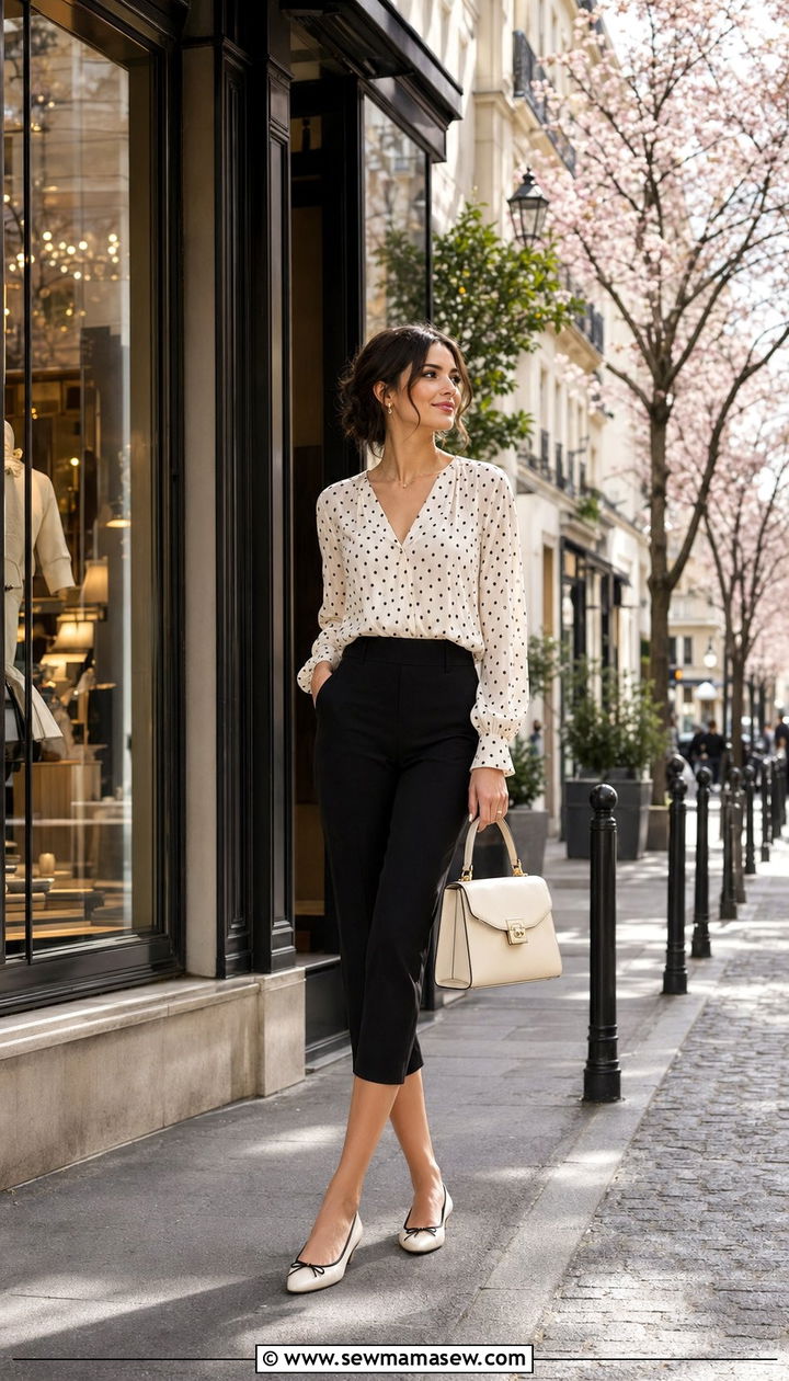 Capri Pants With Ballet Flats and Polka Dot Blouse - 35 Parisian spring outfit ideas