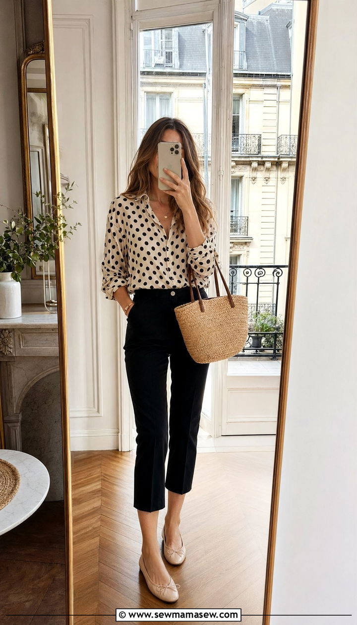Capri Pants With Ballet Flats and a Polka Dot Blouse - 35 Parisian outfits 2026