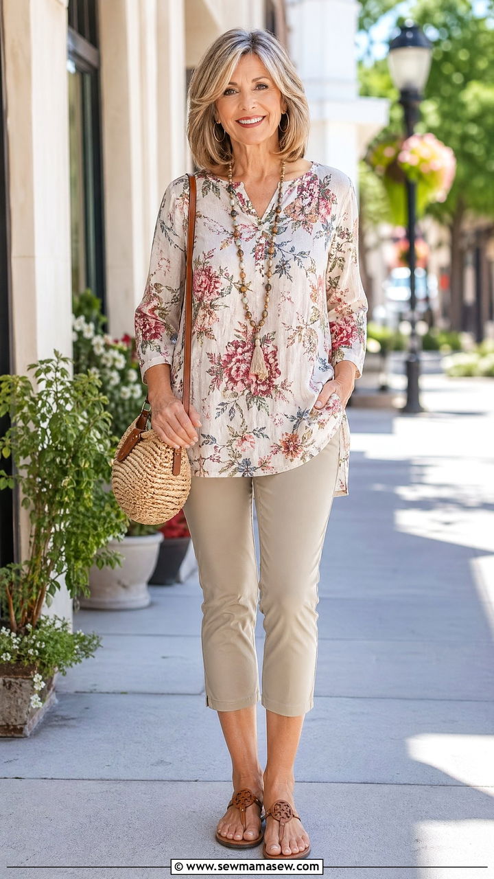 Capri pants and tunic top summer outfit for women over 50 - 35 What to wear in summer for women over 50