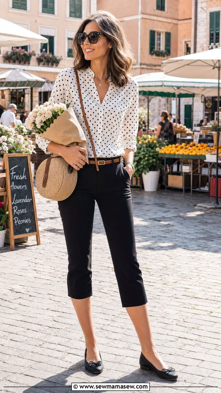 Capri pants with ballet flats and a printed blouse - 35 Parisian outfit ideas 2026