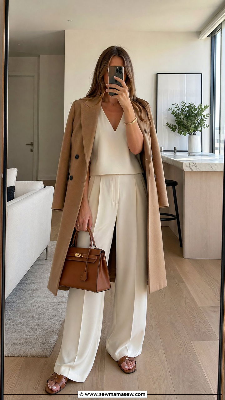 Car Coat with Sleeveless Top and Trousers Outfit - 35 transitional chic outfit ideas