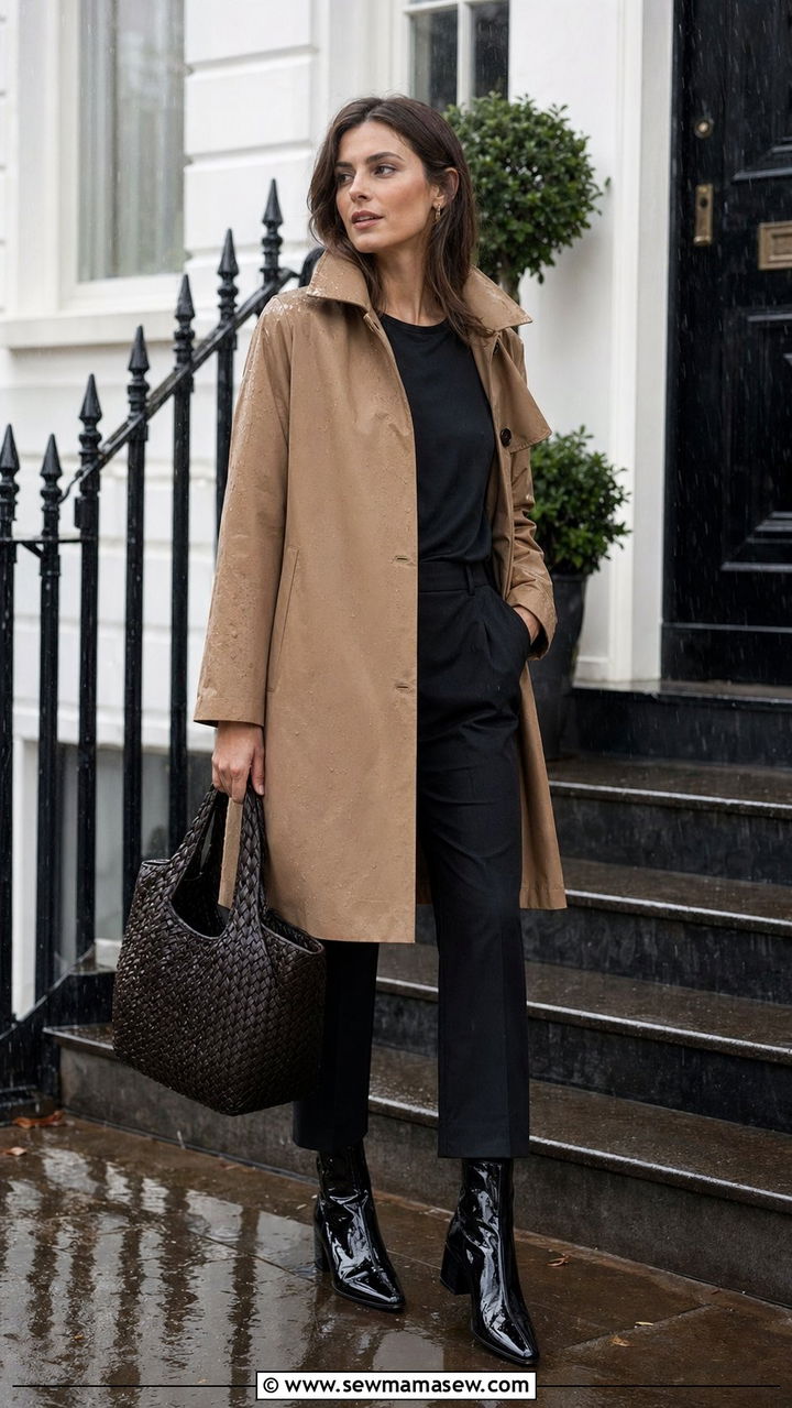 Car coat with cropped trousers and patent boots - 35 rainy day outfits for women