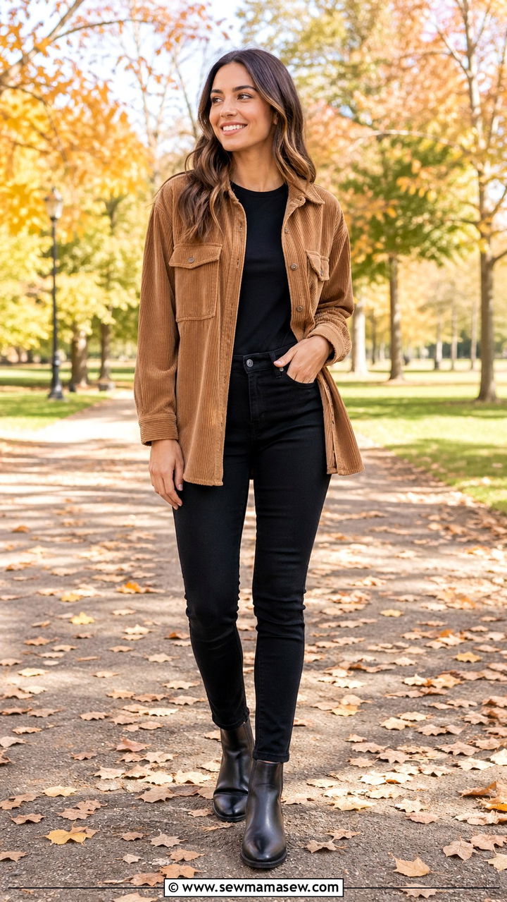 Caramel Corduroy Shacket With Black Jeans And Chelsea Boots - 40 All caramel outfit ideas