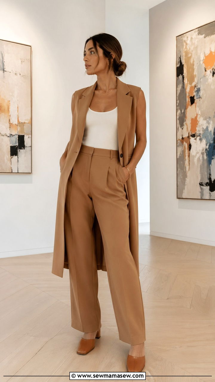 Caramel Longline Vest With Matching Trousers And Mules - 40 All caramel outfit ideas