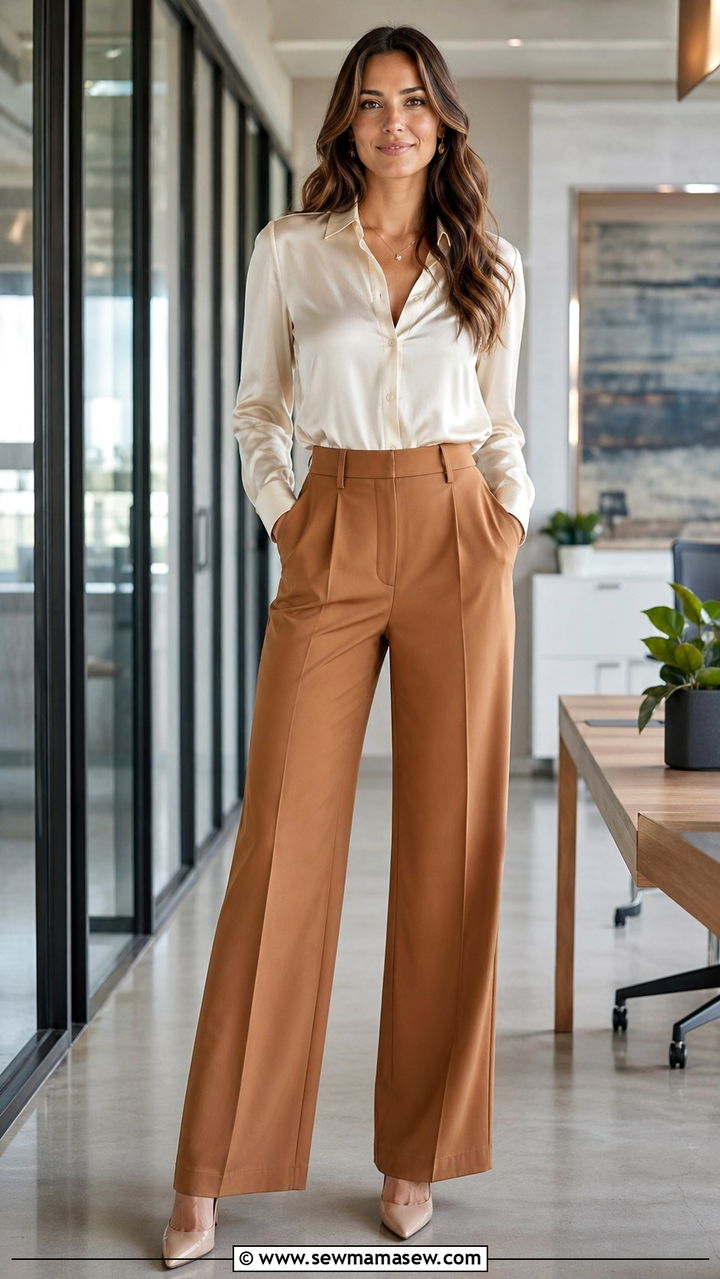 Caramel Wide Leg Trousers With Cream Silk Blouse - 40 All caramel outfit ideas