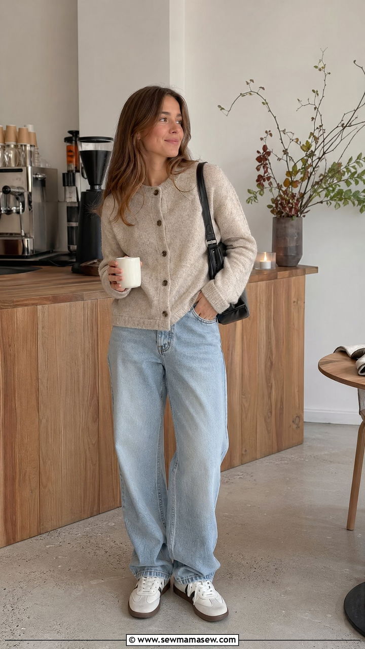 Cardigan And Relaxed Jeans Copenhagen Outfit - 35 Copenhagen outfits ideas