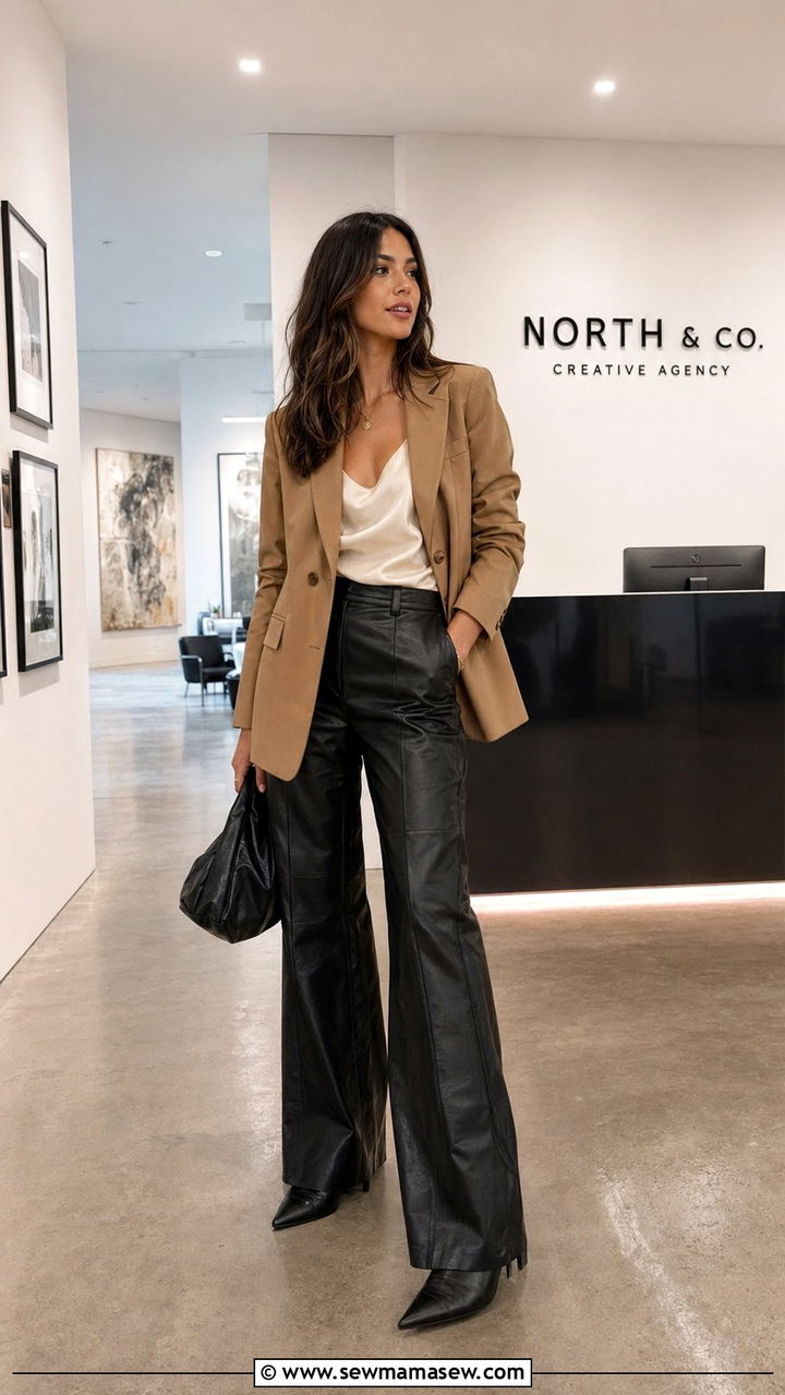 Cardigan Draped Over Wide Leg Trousers and a Tank - 30 Work outfits for creative agency