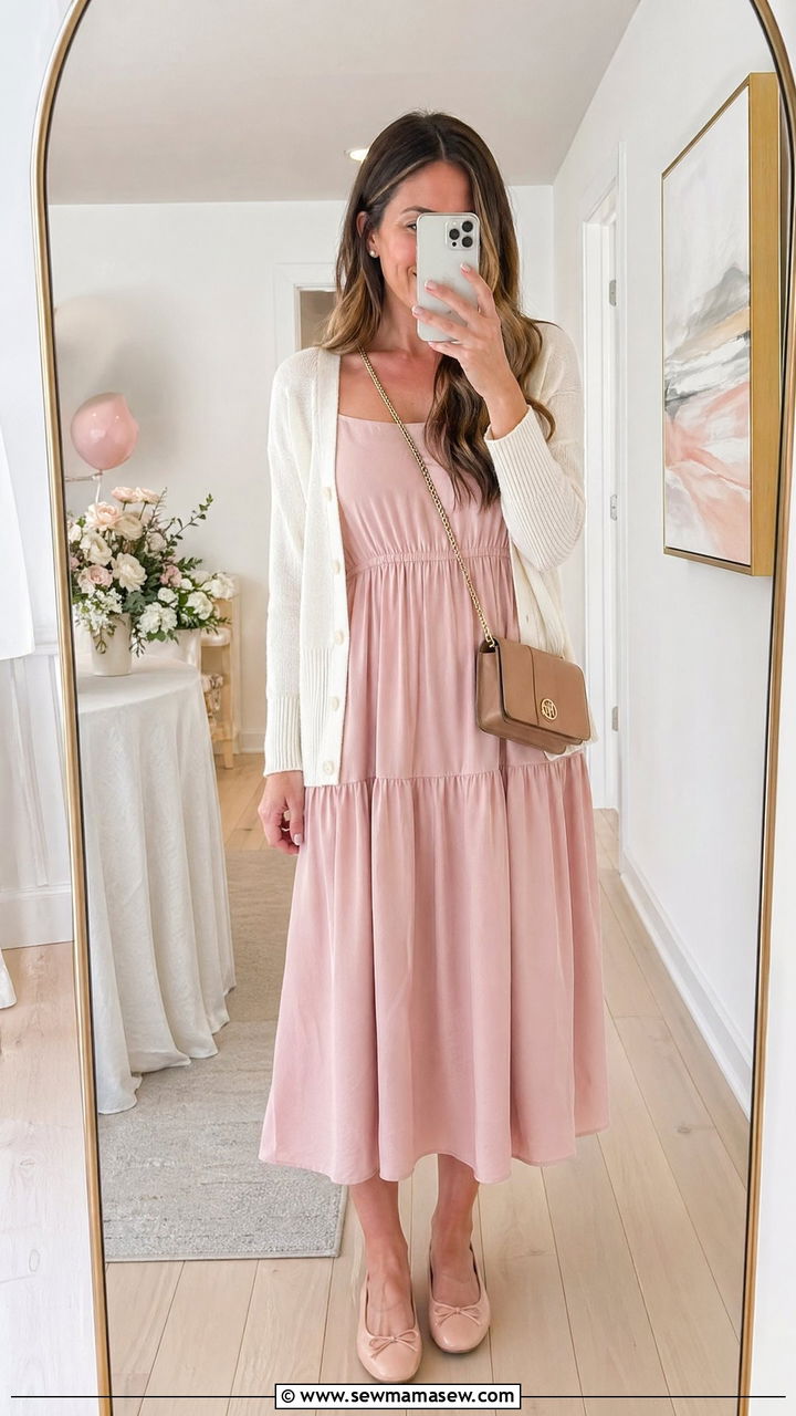 Cardigan Layered Over Sleeveless Dress with Ballet Flats - 35 cute baby shower outfits
