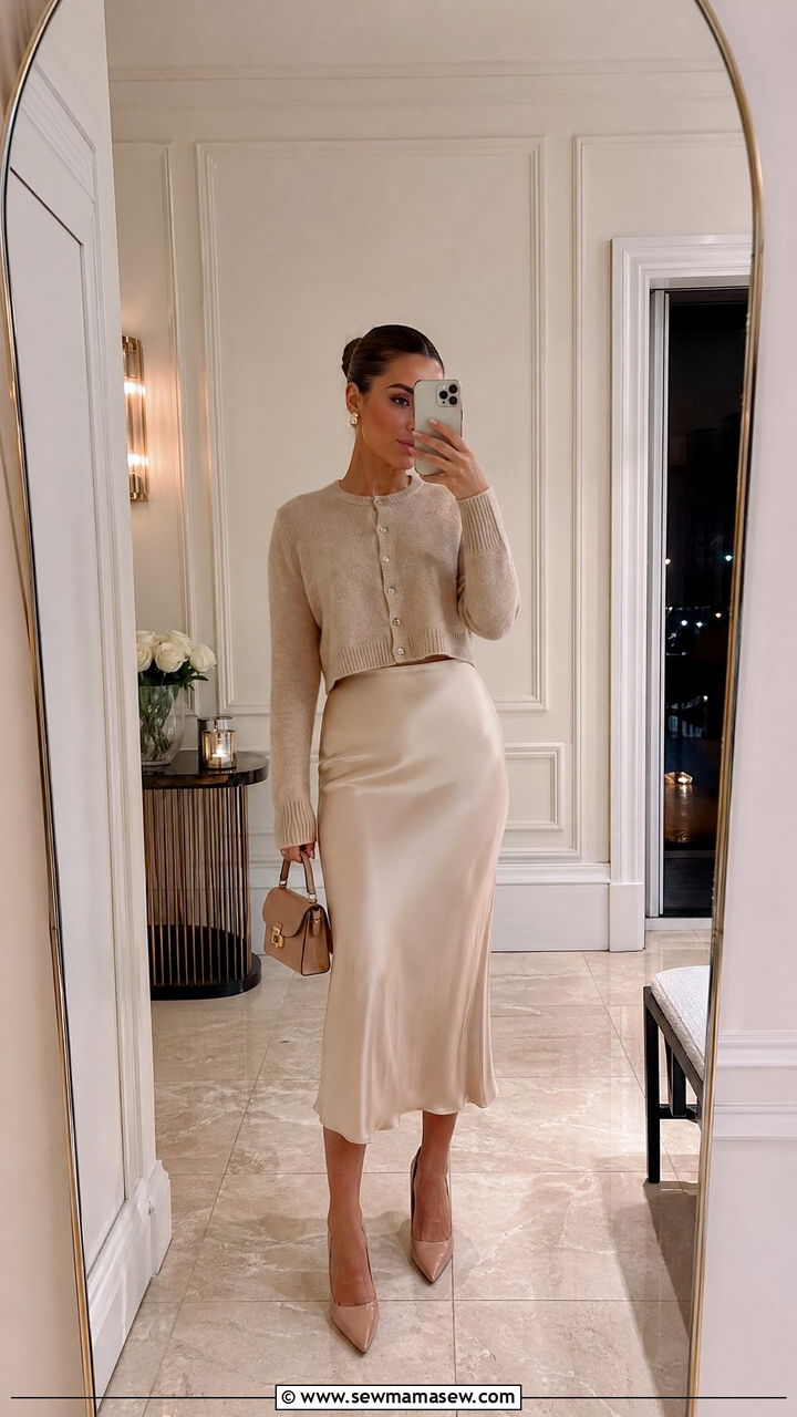 Cardigan Outfit With Satin Midi Skirt - 35 Trendy spring outfits