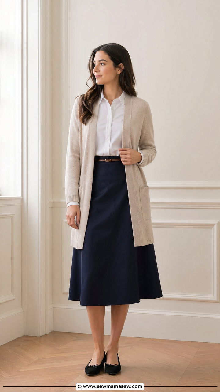 Cardigan Over Button Up With Midi Skirt - 35 Court reporter outfit ideas