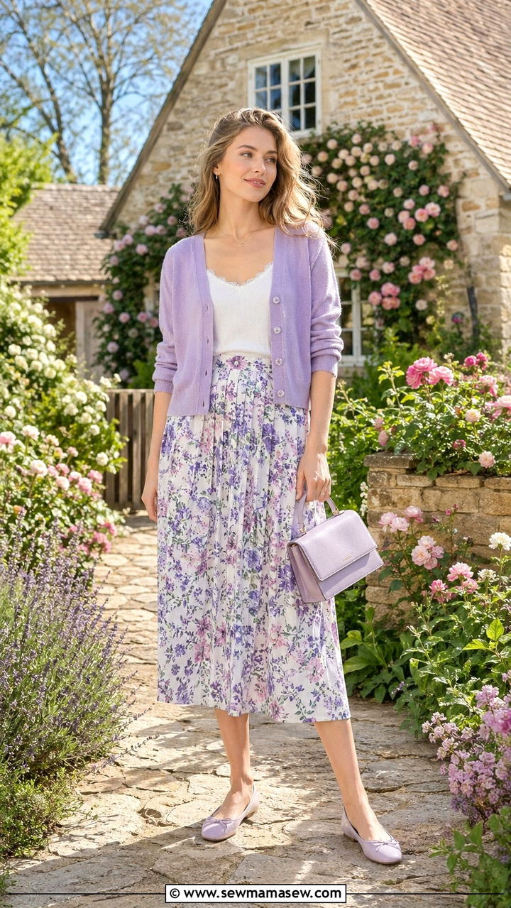 Cardigan Over Camisole With Floral Midi Skirt And Ballet Flats - 30 Spring countryside outfits