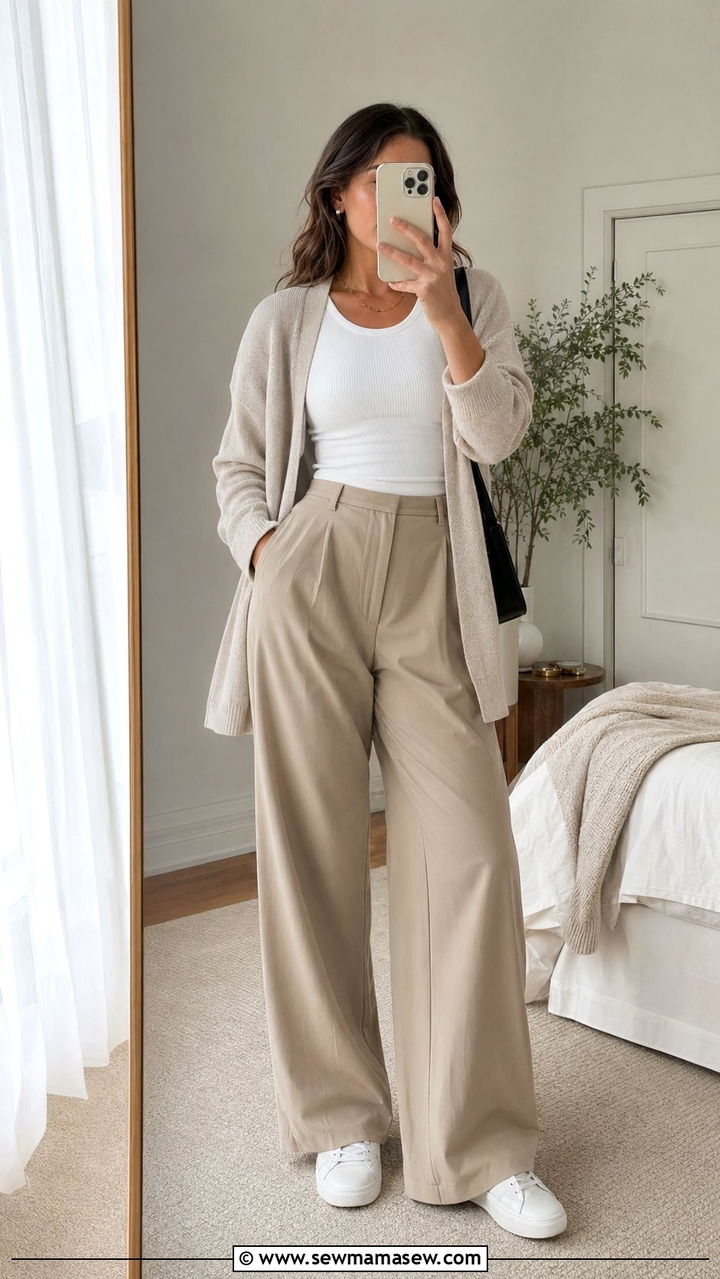 Cardigan Over Ribbed Tank and Wide Leg Trousers - 35 Normcore outfit ideas