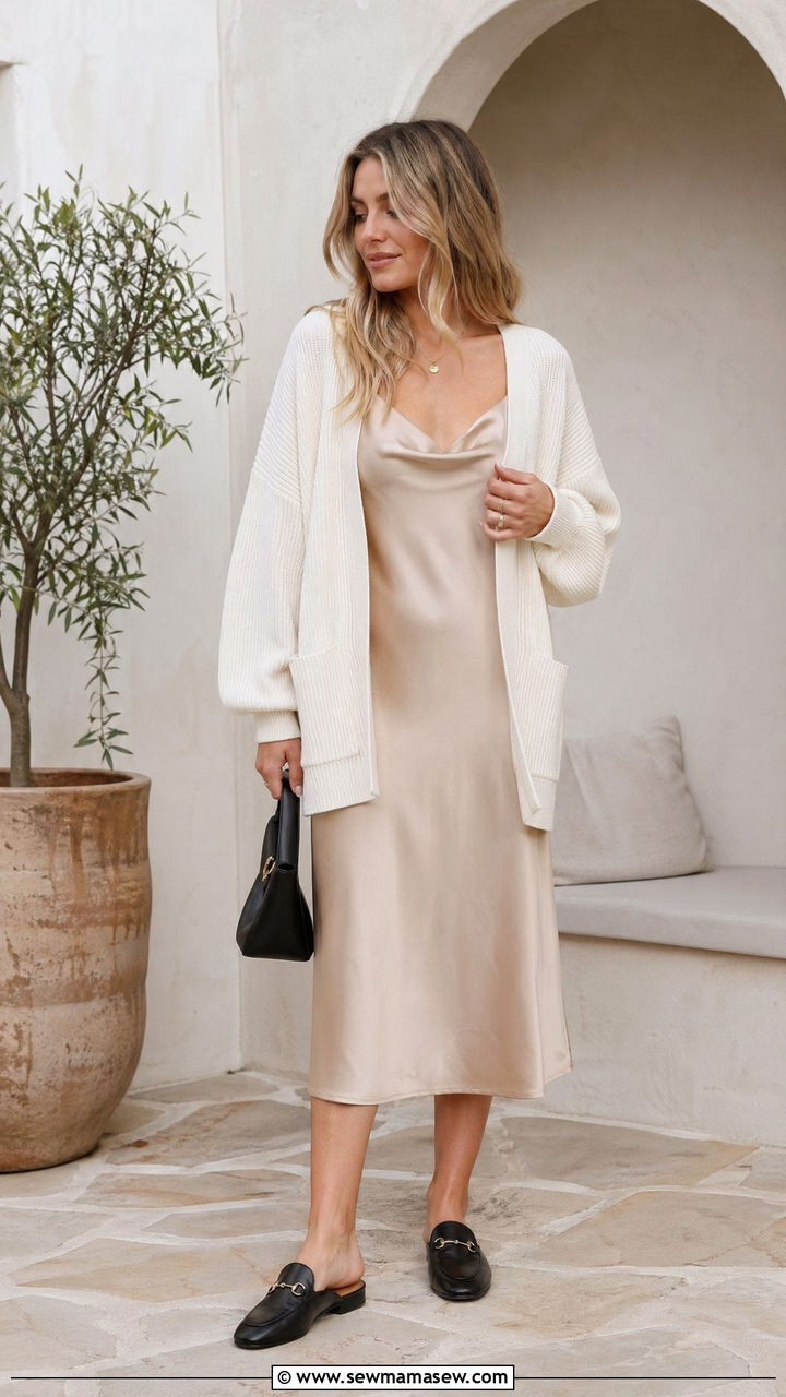 Cardigan Over Slip Dress With Loafers - 35 transitional outfit ideas for women