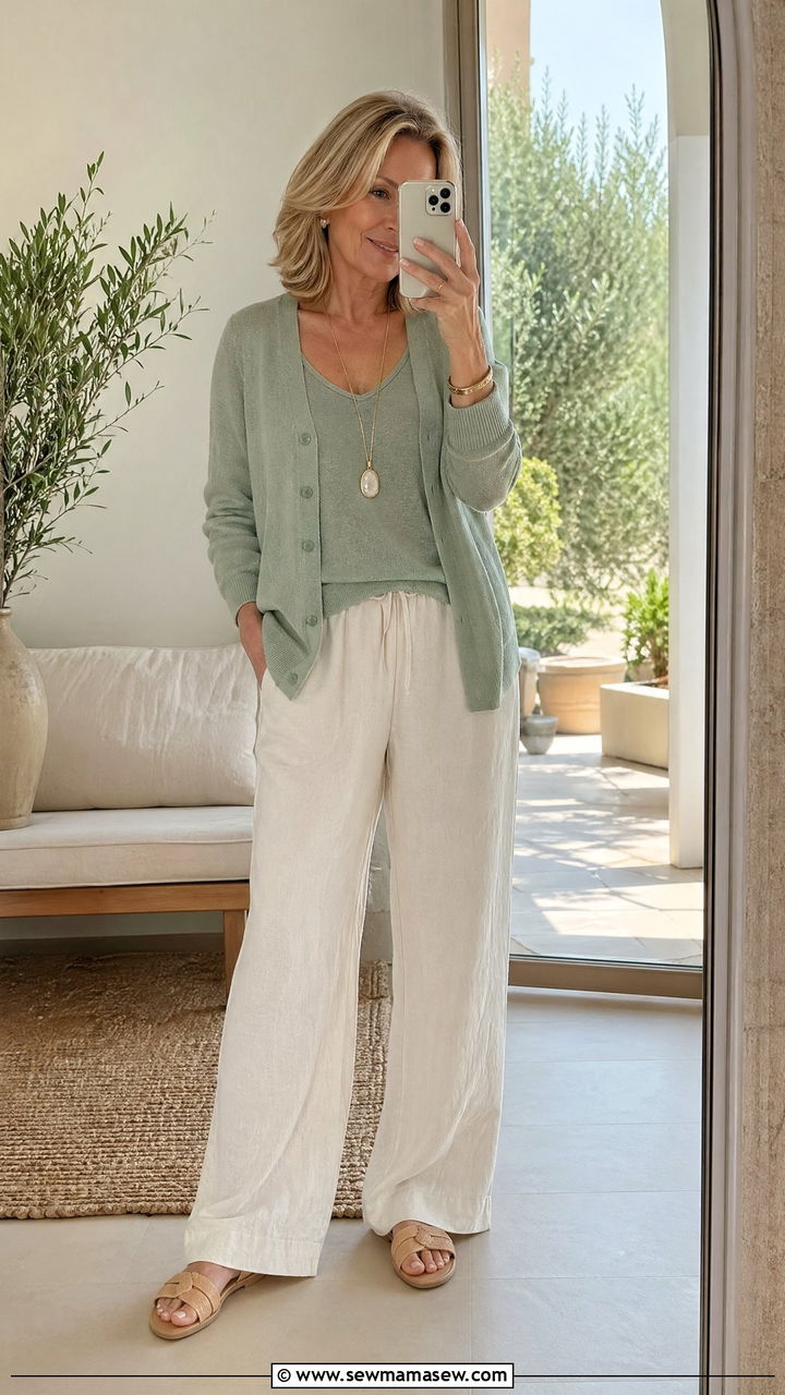 Cardigan Set with Matching Tank and Linen Pants - 35 Spring outfits for women over 50